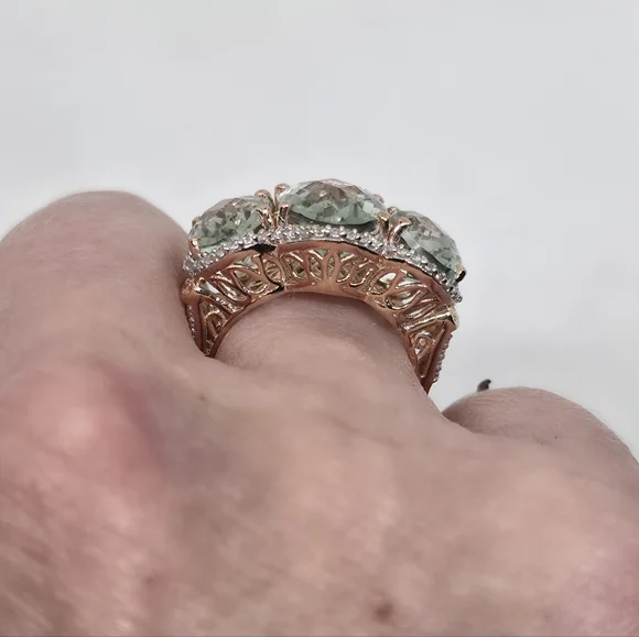 NWOT! Designer 3 Stone Prasiolite (Green Amethyst) Vermeil Rose Gold &925  Ring - Picture 7 of 10